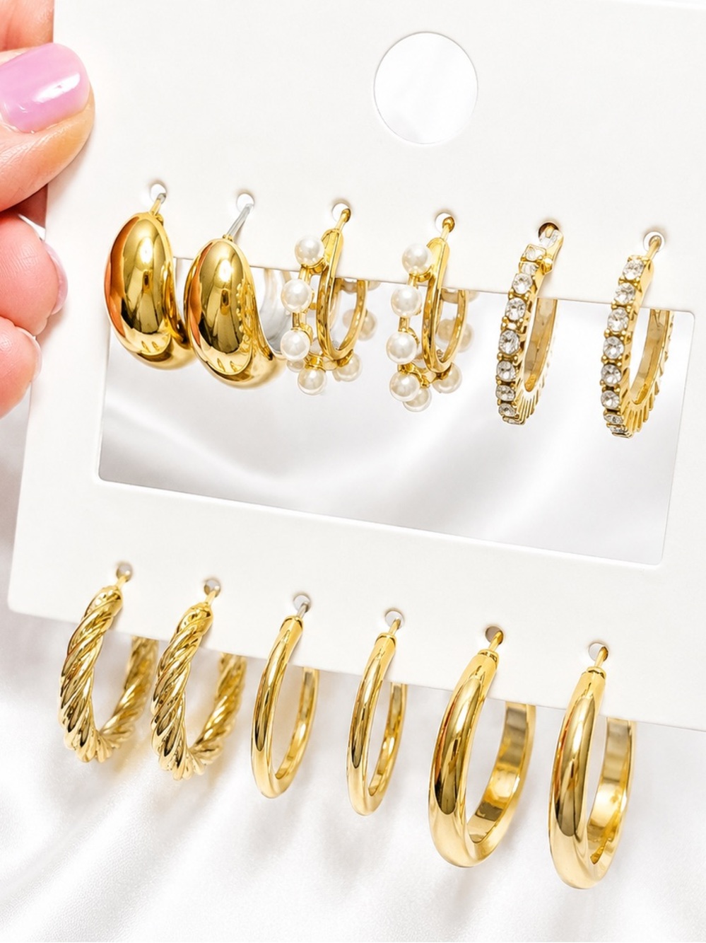Gold Hoop Earring Lot 6 Pairs Pearl Twisted Textured Huggie Earrings NWT - Picture 2 of 3
